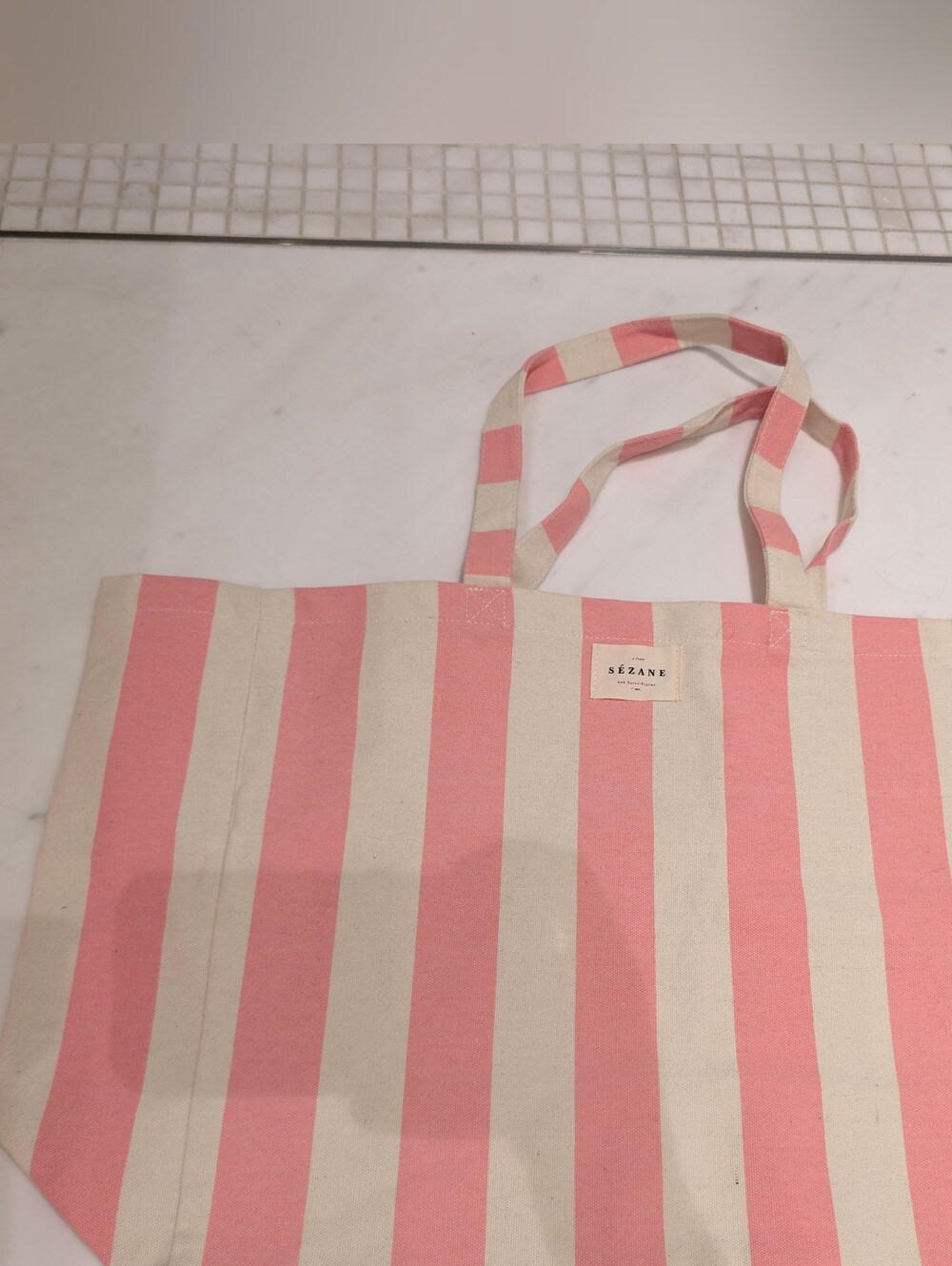 Sezane Pink and Cream Striped Canvas Tote Bag
